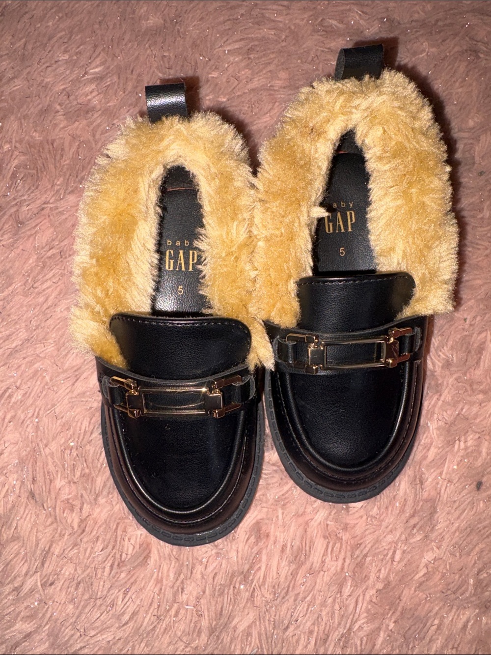 GAP Black Loafers with Yellow Faux Fur Trim and Gold Hardware